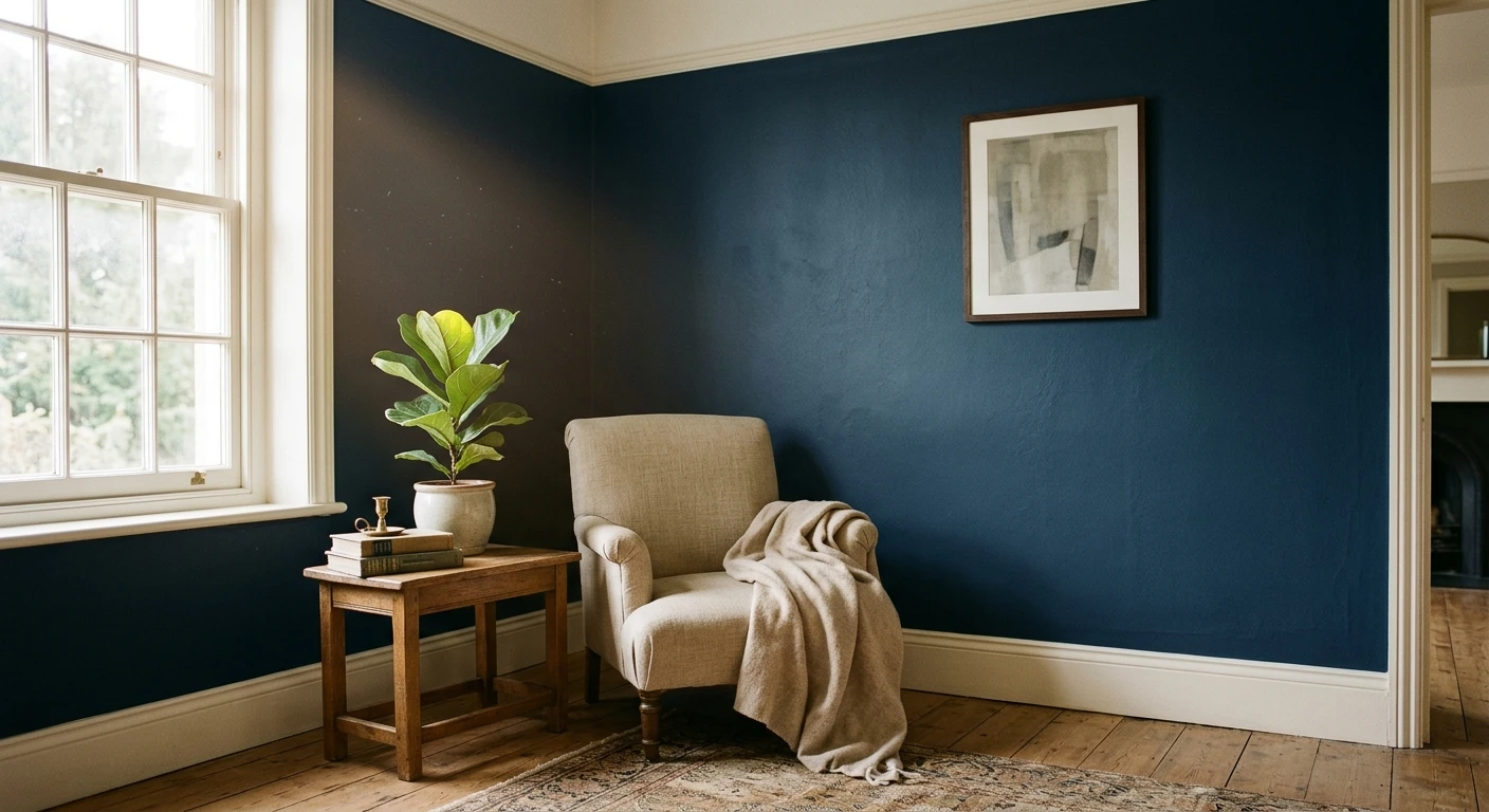 A range of navy blue interior paint colors on a wall