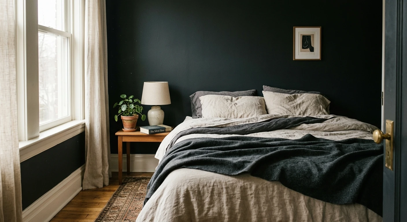 Soft black paint on an interior bedroom wall