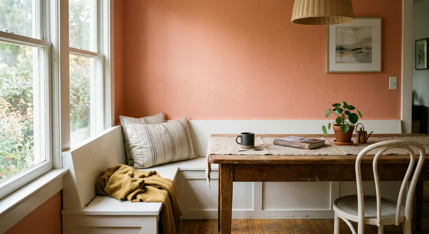 Soft peach paint on an interior bedroom wall, AI color preview
