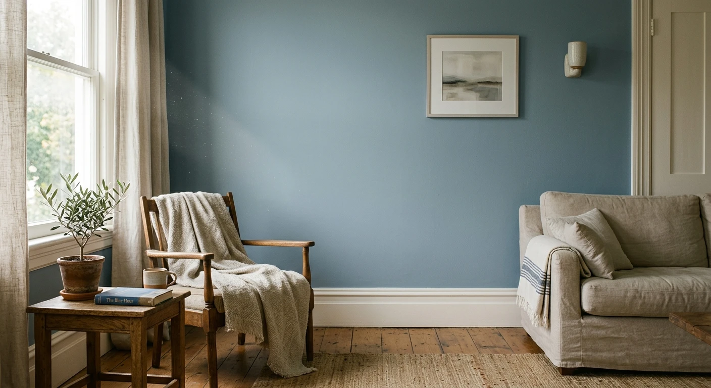 Soft blue-gray kitchen cabinets on lower boxes under daylight