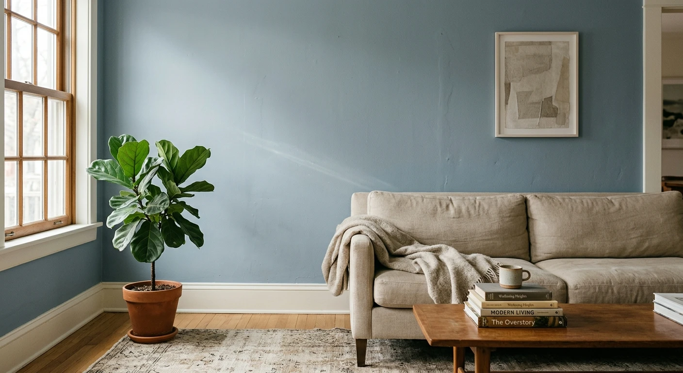 Soft blue-gray paint on an interior bedroom wall