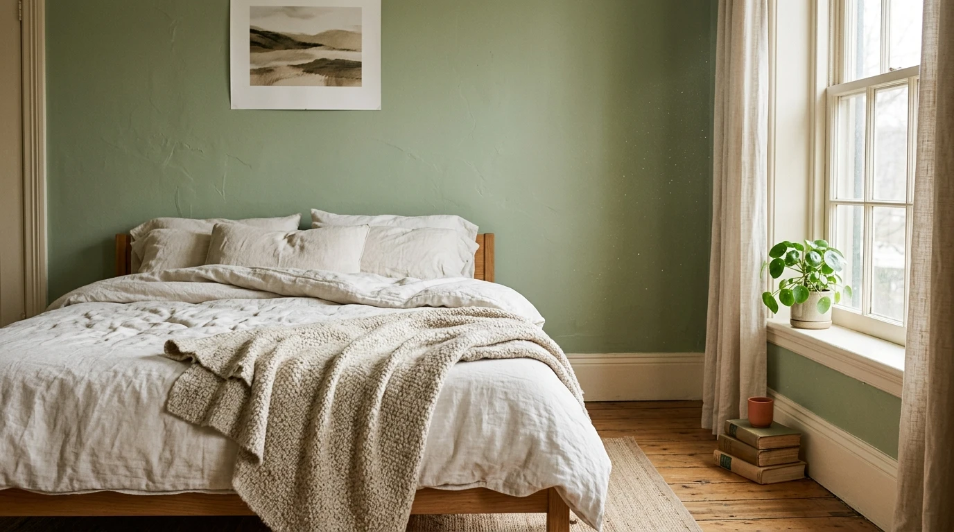 Soft sage green paint on a dining room wall with wood table