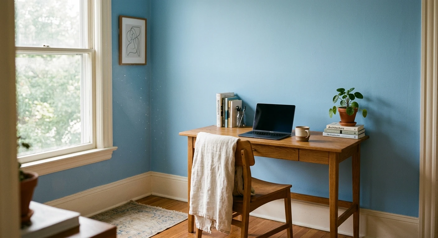Soft sky blue paint on bathroom walls with white trim