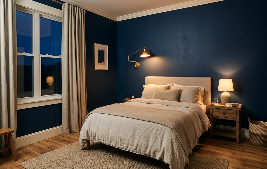 Bedroom with deep navy matte walls, warm white trim, oatmeal linen bedding and a brass wall sconce lit in the evening