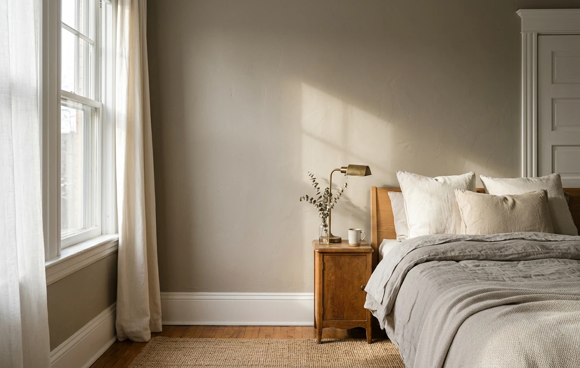 Bedroom wall painted a warm greige with white trim and linen bedding in morning light