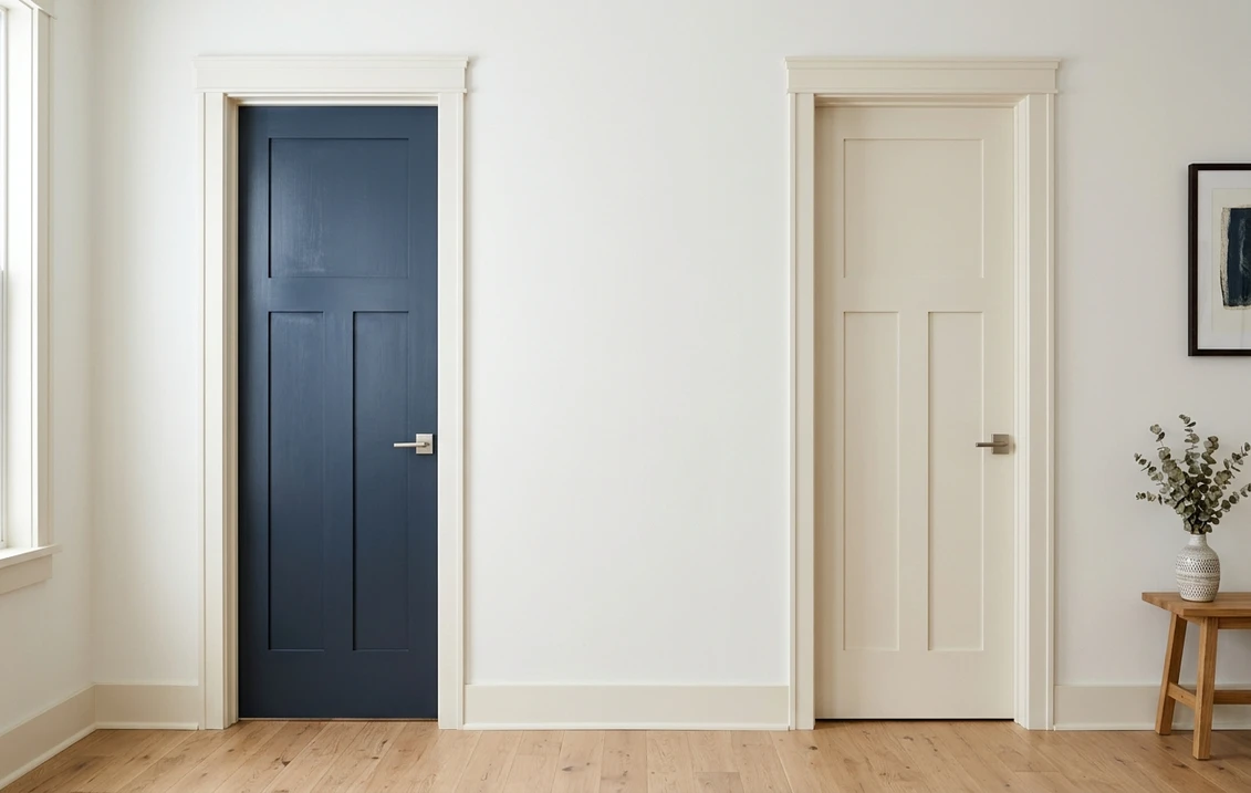 Two shaker interior doors with the same off-white trim, one painted deep navy and one painted off-white to match its casing
