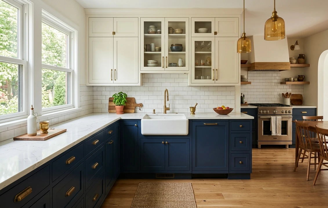 Kitchen with navy lower cabinets and warm white upper cabinets with brass hardware