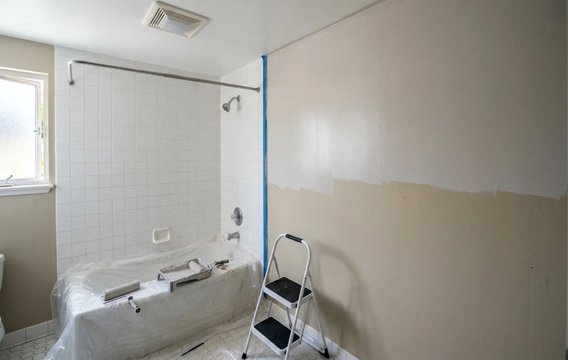 Bathroom wall beside a white tiled tub and shower halfway through a repaint: a pale satin coat over the upper half, older beige paint below, blue painter's tape along the tile, a drop cloth over the tub with a roller and tray, a step stool and a ceiling exhaust fan