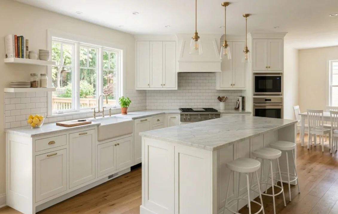 Kitchen with the sage-green lower cabinets and island repainted in Pure White to match the white upper cabinets, with marble counters, white subway tile, brass pendants and an oak floor
