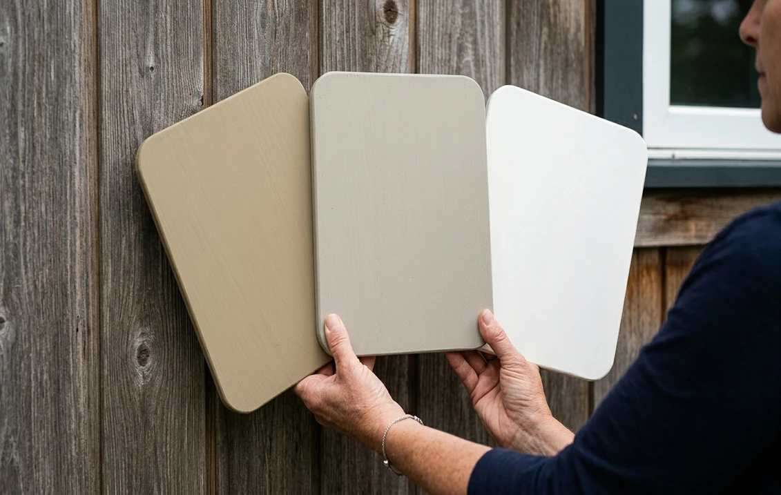 Homeowner holding khaki, greige and white exterior paint sample boards against weathered wood siding