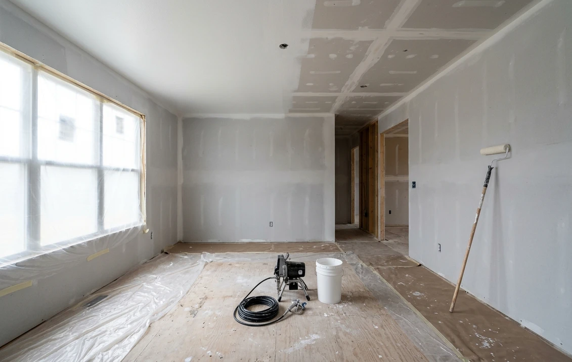 New-construction living room with a drywall ceiling half sprayed in flat white and half still bare with taped joints, windows and floor masked with plastic and paper, an airless sprayer, an unlabeled bucket and a roller on a pole