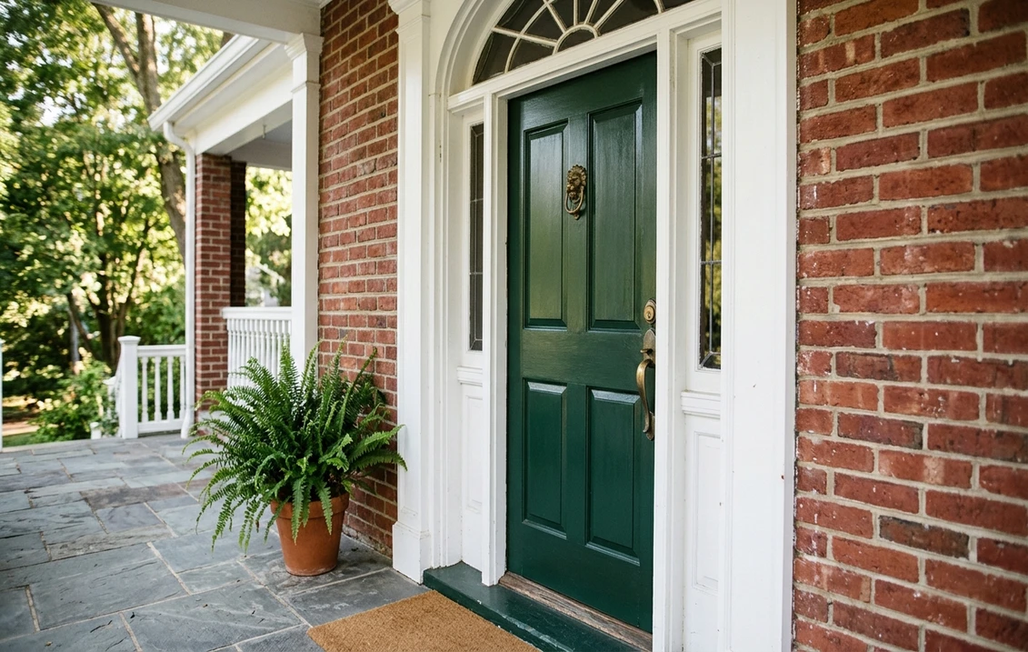 Raised-panel front door painted deep forest green on a red brick Colonial Revival house with white trim and a fanlight