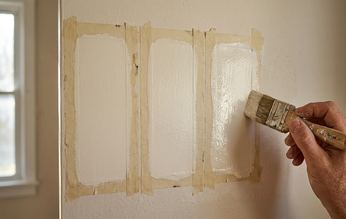 Three taped test patches of the same warm white in flat, eggshell and semi-gloss sheen on an interior wall under window light
