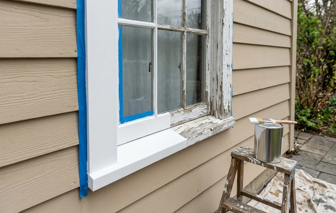 Exterior window on tan lap siding with the casing and sill half repainted in fresh white enamel and half still weathered and peeling, blue painter's tape along the siding and a paint can with an angled brush on a stepladder