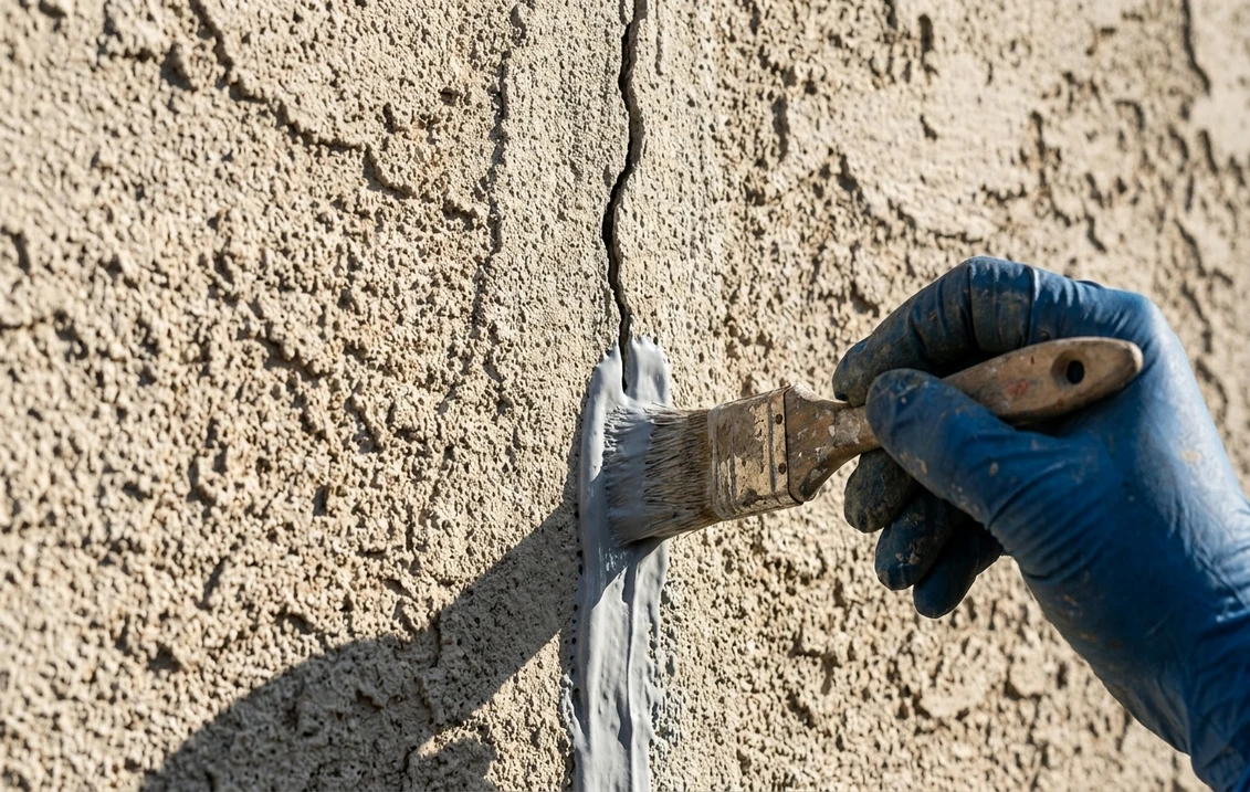 Gloved hand brushing a thick grey elastomeric coating over a hairline crack in textured stucco