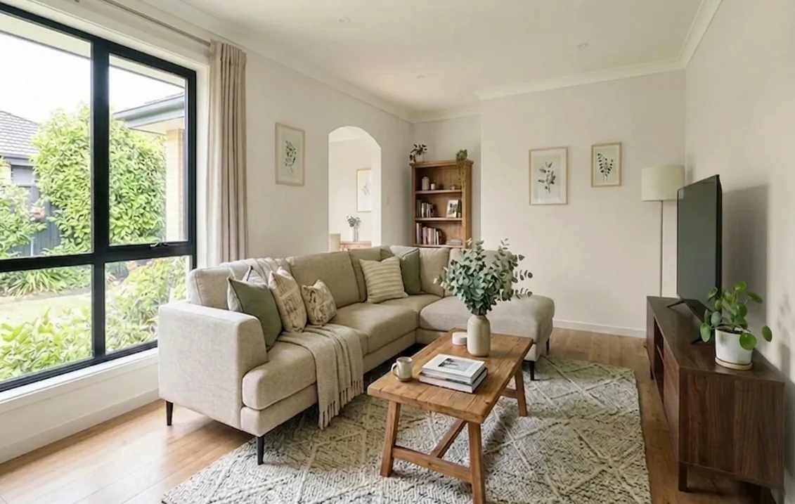 Living room with walls painted Aesthetic White, a soft warm off-white, around a beige sectional sofa, an oak coffee table, a patterned rug and a large black-framed window