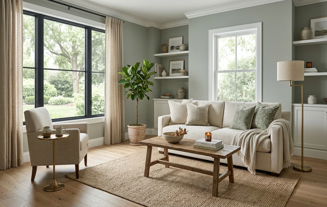 Sherwin-Williams Evergreen Fog SW 9130 on kitchen cabinets