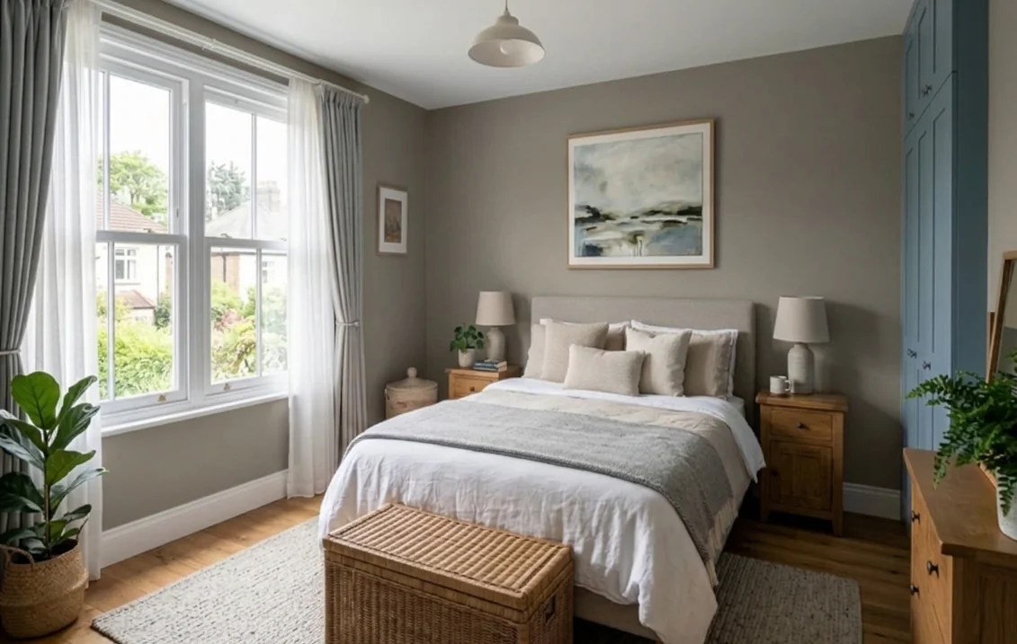 Bedroom with walls painted in Felted Wool, a mid-depth warm greige, around a linen-covered bed with oak nightstands, a woven trunk, a blue built-in wardrobe and a tall sash window