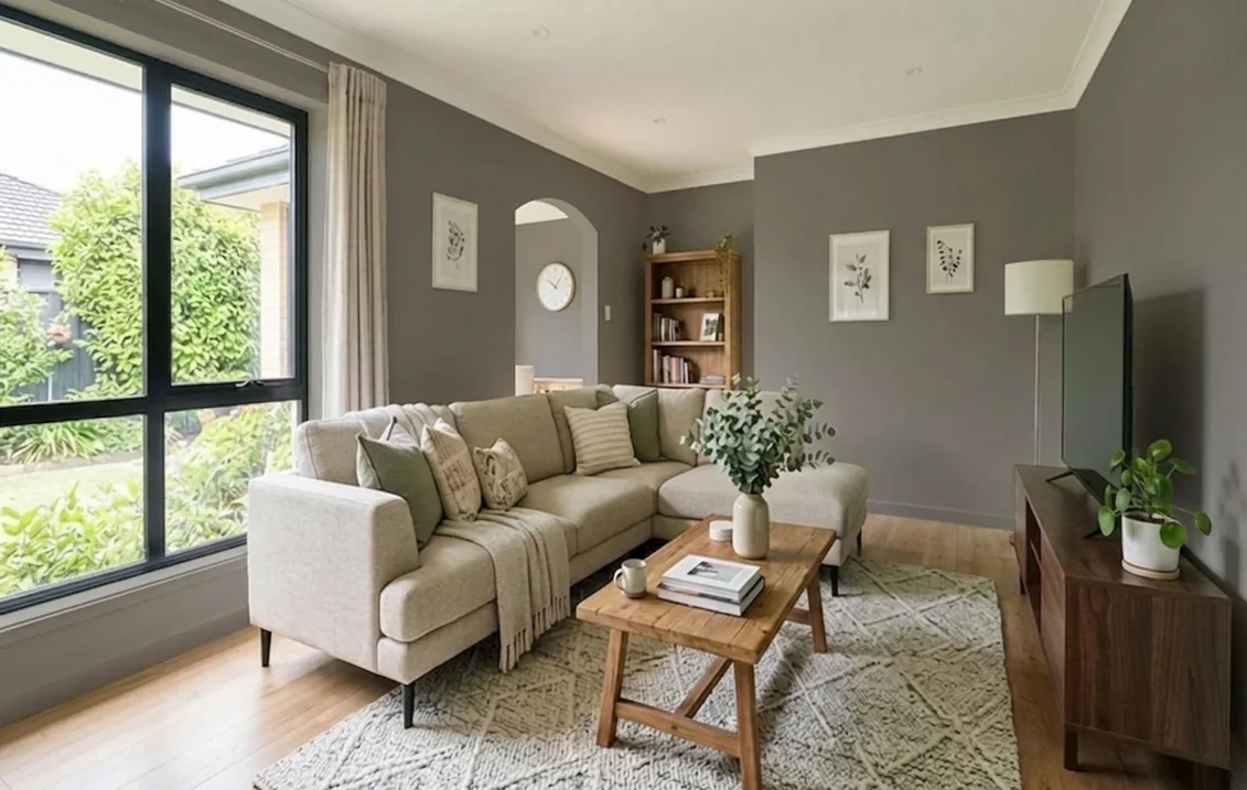 Living room with the walls painted in Gauntlet Gray, a dark warm gray, with a cream sectional sofa, a wood coffee table and a black-framed window