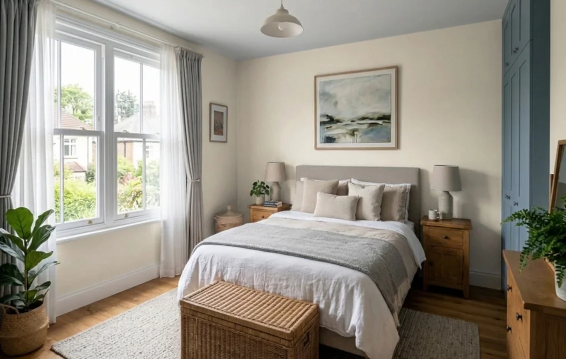 Bedroom with the walls painted in Greek Villa, a warm creamy white, beside white window frames, a linen-dressed bed and an oak floor