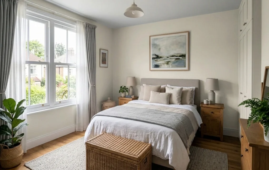 Bedroom with walls painted in Heron Plume, a soft warm off-white, around a linen-upholstered bed, oak nightstands, a woven trunk and a tall sash window