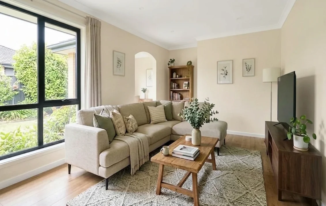Living room with walls painted in Ivory Lace, a warm cream white, around a beige sectional, an oak coffee table, a walnut TV console and a white ceiling