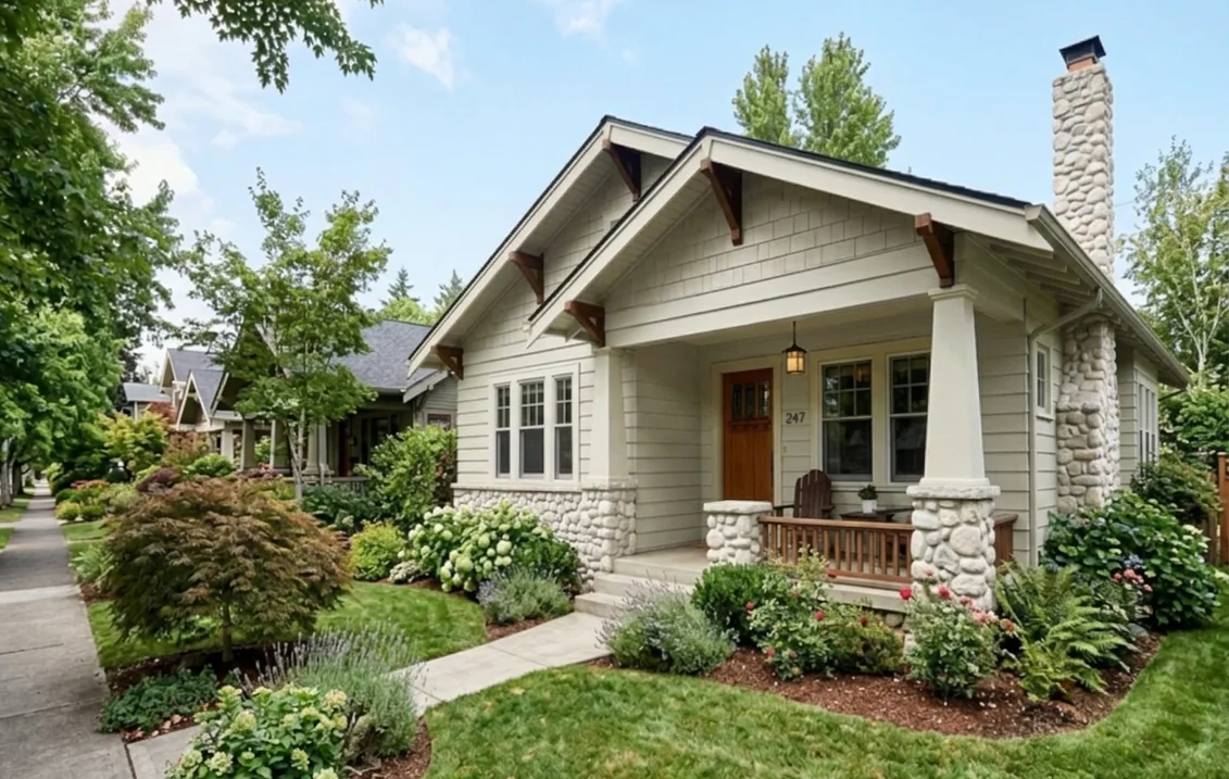 Craftsman bungalow with lap siding and shingled gables painted Oyster White, pale river-rock piers and chimney, a stained wood front door, dark rafter brackets and a wood porch rail