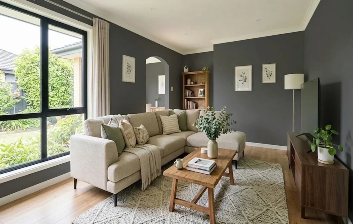 Living room with the walls painted in Peppercorn, a deep charcoal gray, against a white ceiling, a cream sectional sofa and a light wood floor