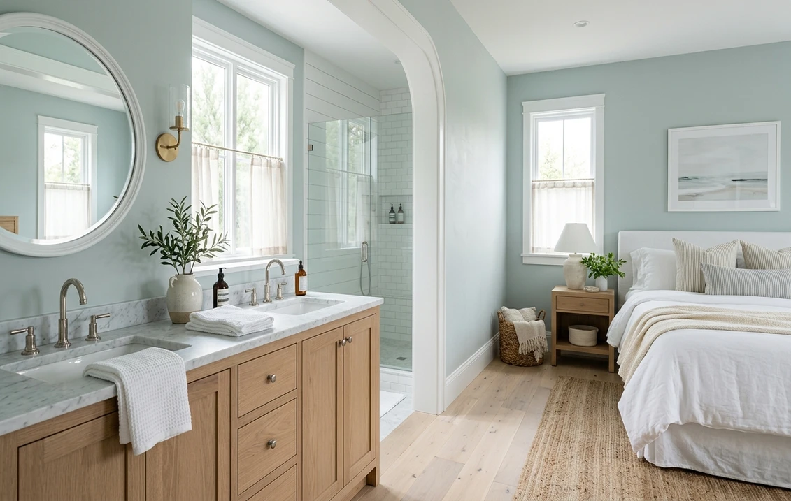 Sherwin-Williams Sea Salt SW 6204 on kitchen cabinets interior