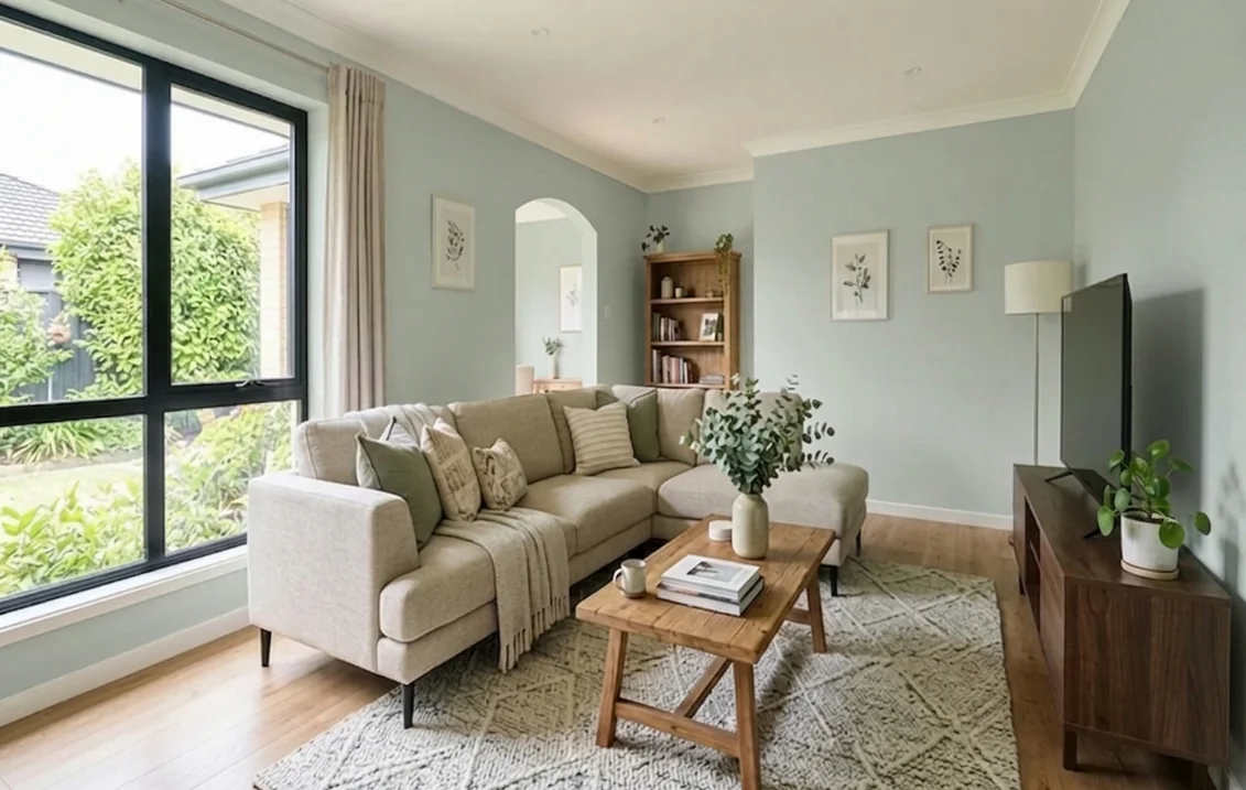 Living room with the walls painted in Sea Salt, a pale blue-green gray, around black window frames, a cream sectional and a light oak floor