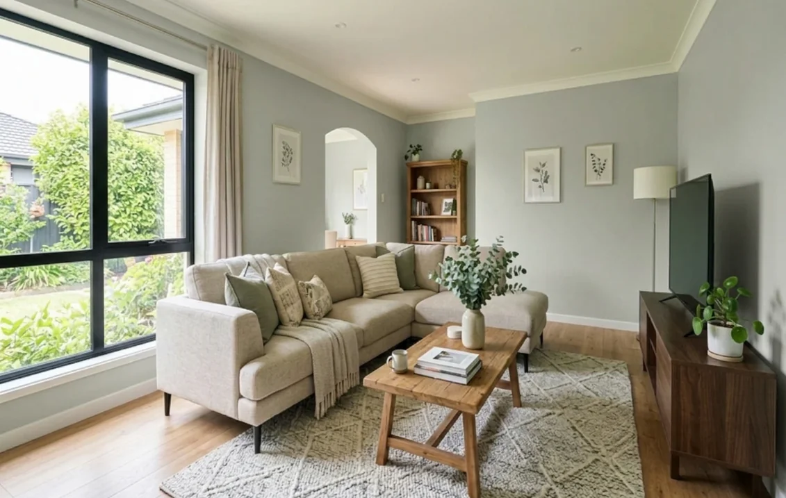 Living room with the walls painted in Silver Strand, a soft gray with a green-blue undertone, around a beige sectional and a black-framed window