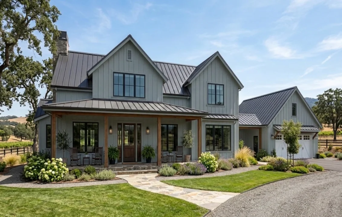Modern farmhouse with board-and-batten siding painted Slate Tile, a charcoal standing-seam metal roof, black window frames, wood porch posts and front door, and a white garage door