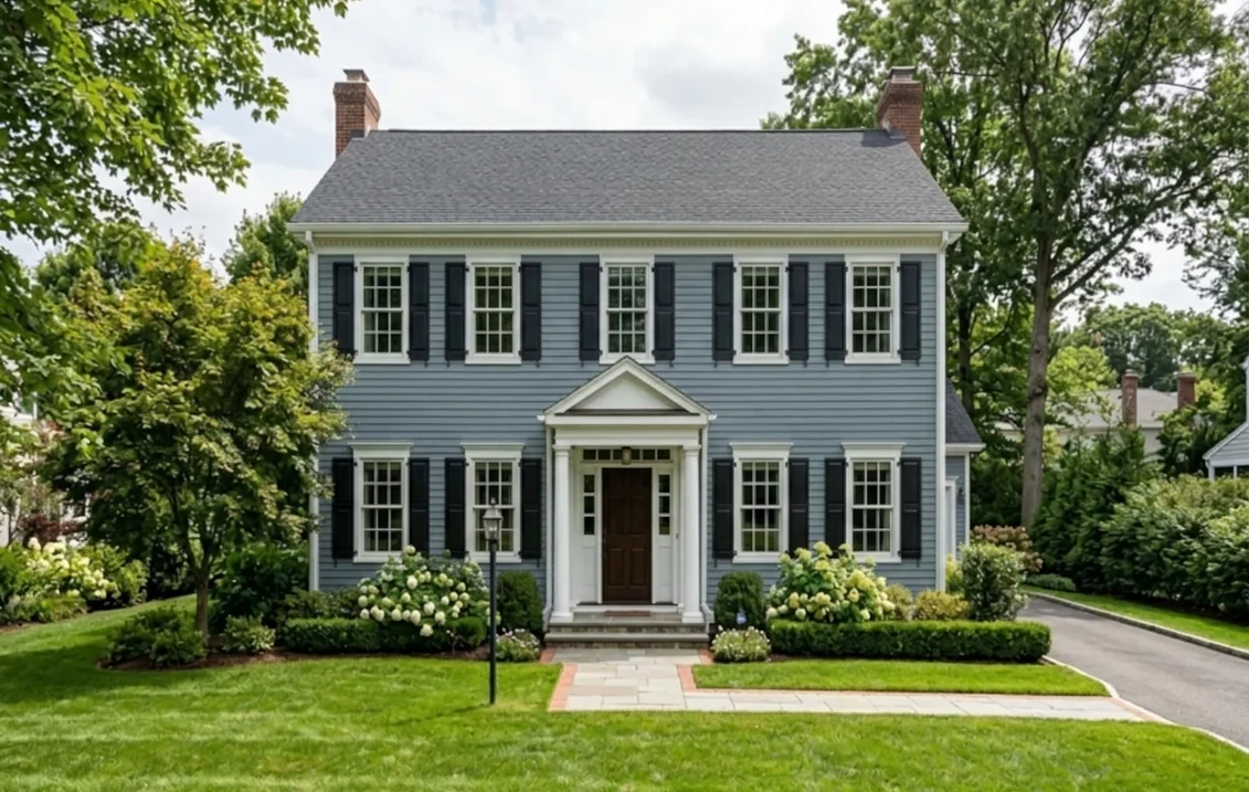 Center-hall Colonial house with clapboard siding painted Smoky Blue, black shutters, white trim and portico, a dark wood front door and hydrangeas