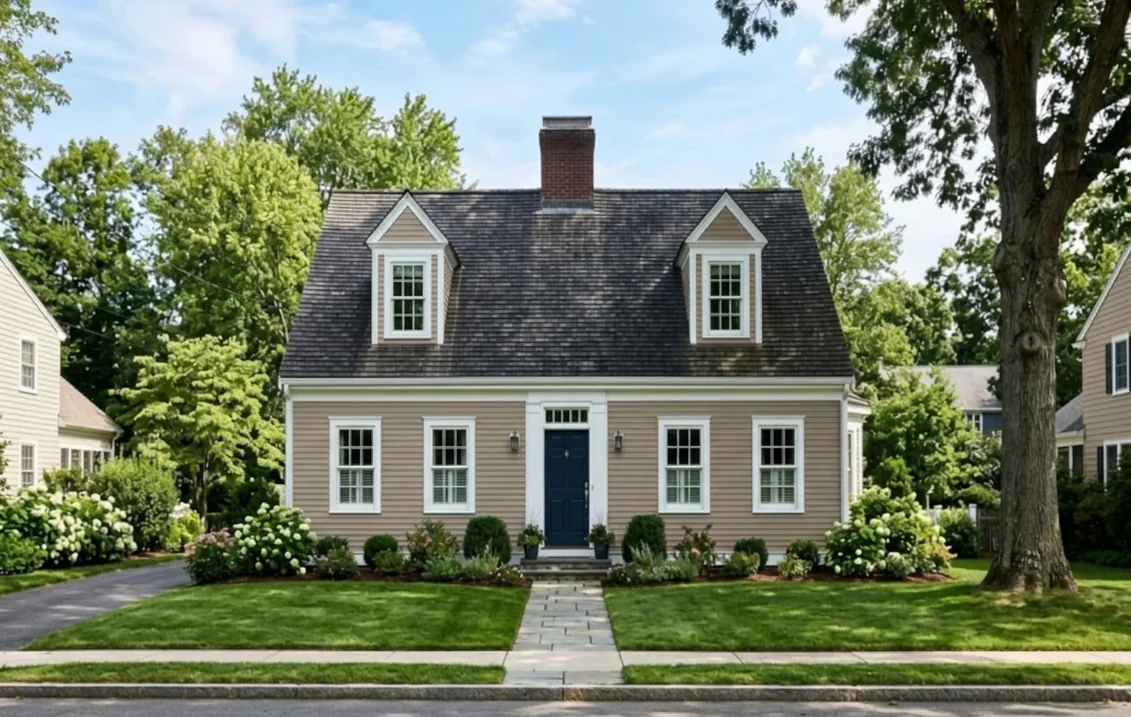 Cape Cod house with clapboard siding painted Tony Taupe, white trim and dormers, a navy front door, a dark shingle roof and a brick chimney