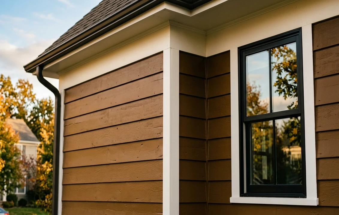 Corner of an American house with deep bronze-brown lap siding, warm white trim and a black window frame in late afternoon light