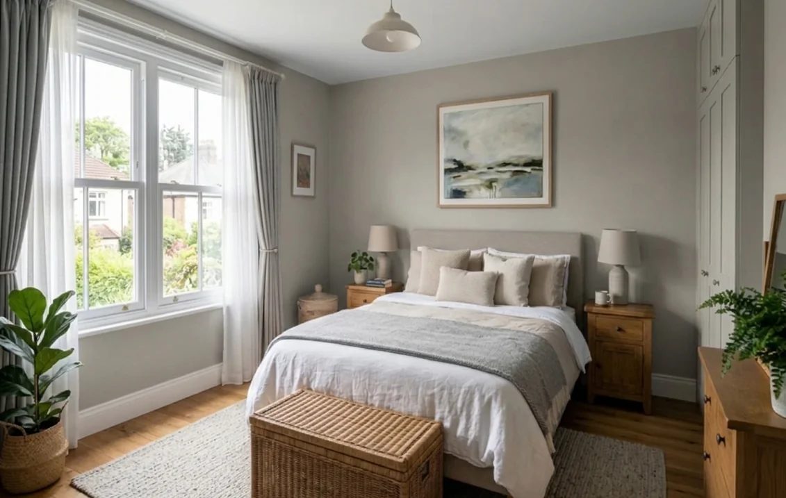 Bedroom with the walls painted in Worldly Gray, a warm light greige, behind a linen bed, oak nightstands and a wicker trunk