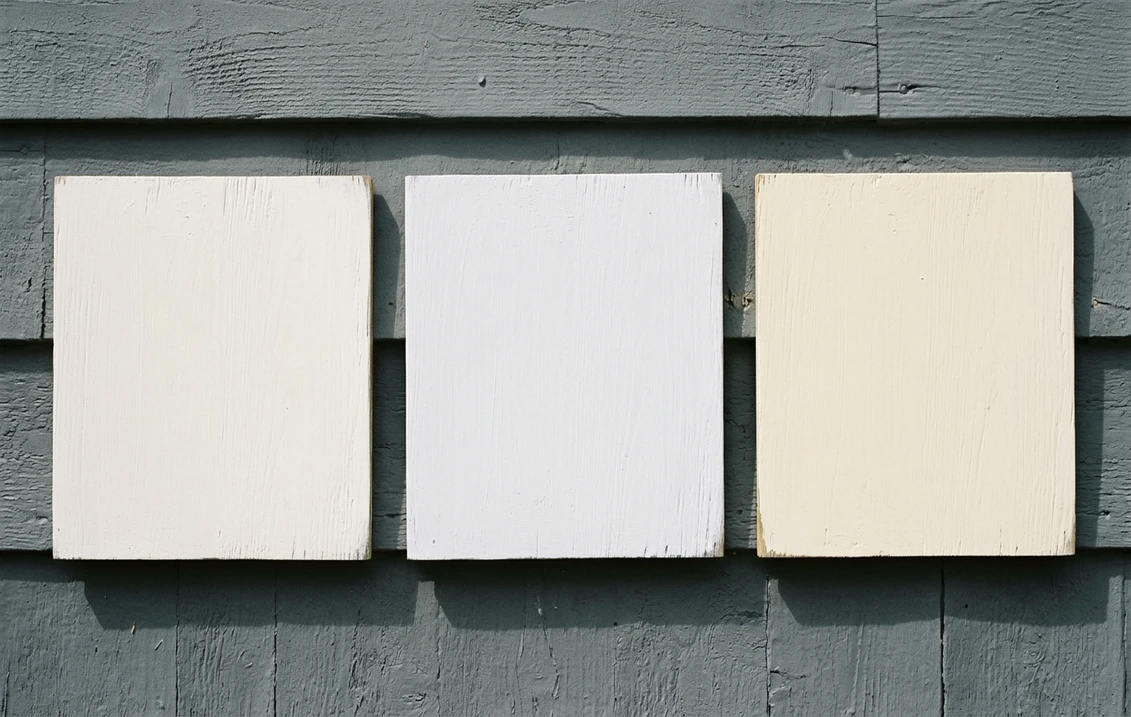 Three white paint sample boards, warm white, cool white and cream, held against grey-primed wood siding of an American house