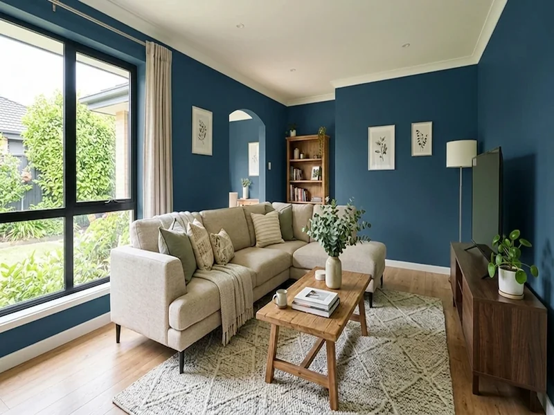 Dasselbe Wohnzimmer mit Wänden in Ozeanblau RAL 5022