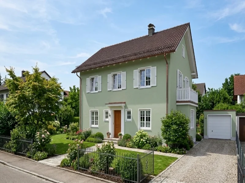 Dasselbe Einfamilienhaus mit Fassade in Salbeigrün RAL 6021