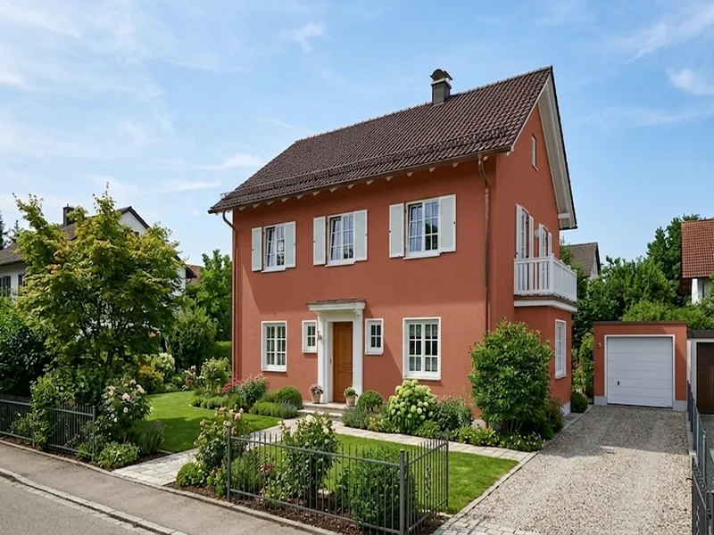 Dasselbe Einfamilienhaus mit Fassade in Terrakotta RAL 8004