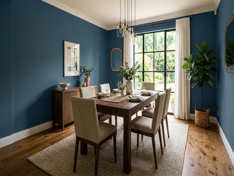 Dasselbe Esszimmer mit Wänden in Ozeanblau RAL 5022