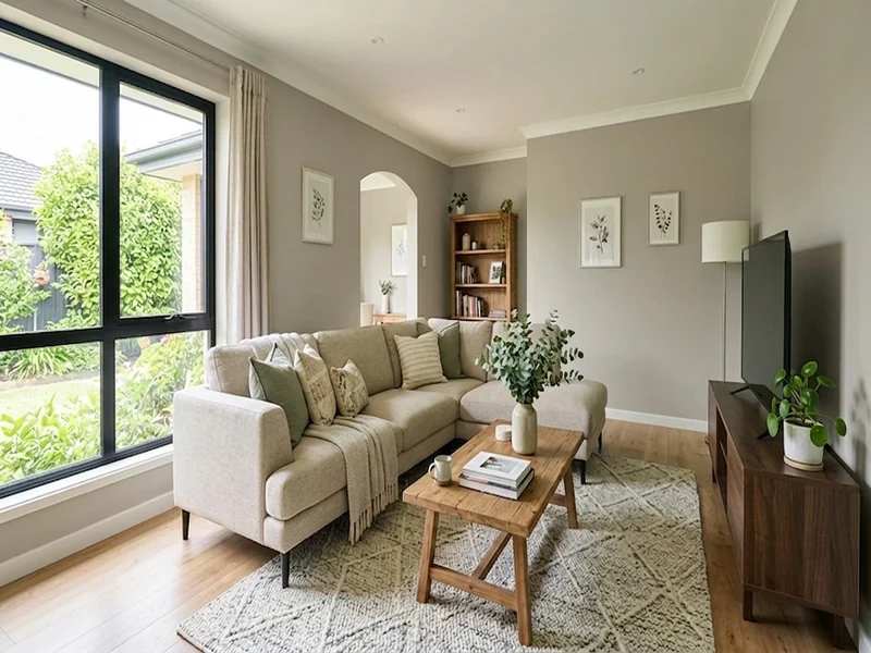 Salon aux murs peints en greige RAL 1019