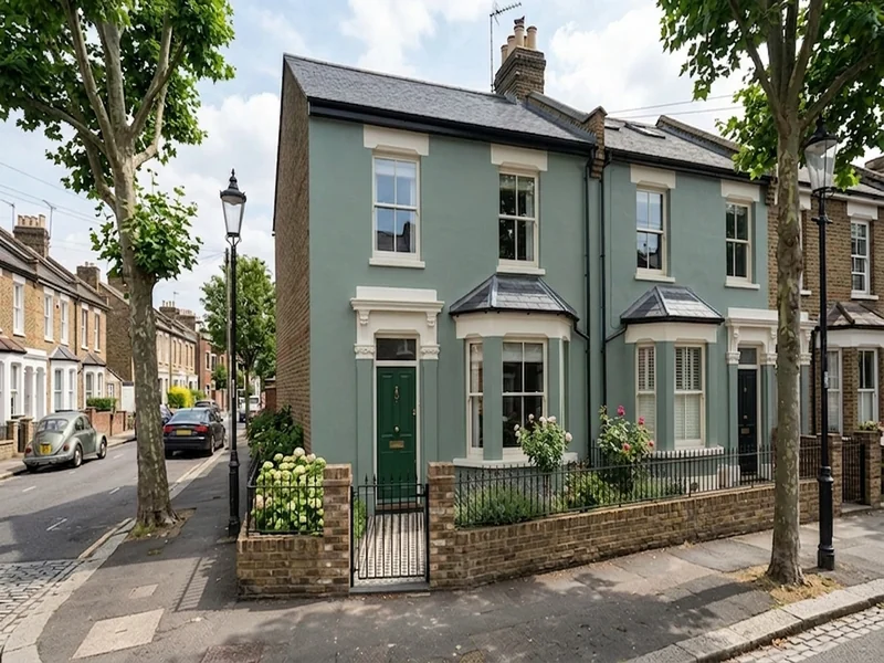 The same Victorian home with a rendered front in Farrow and Ball Pigeon
