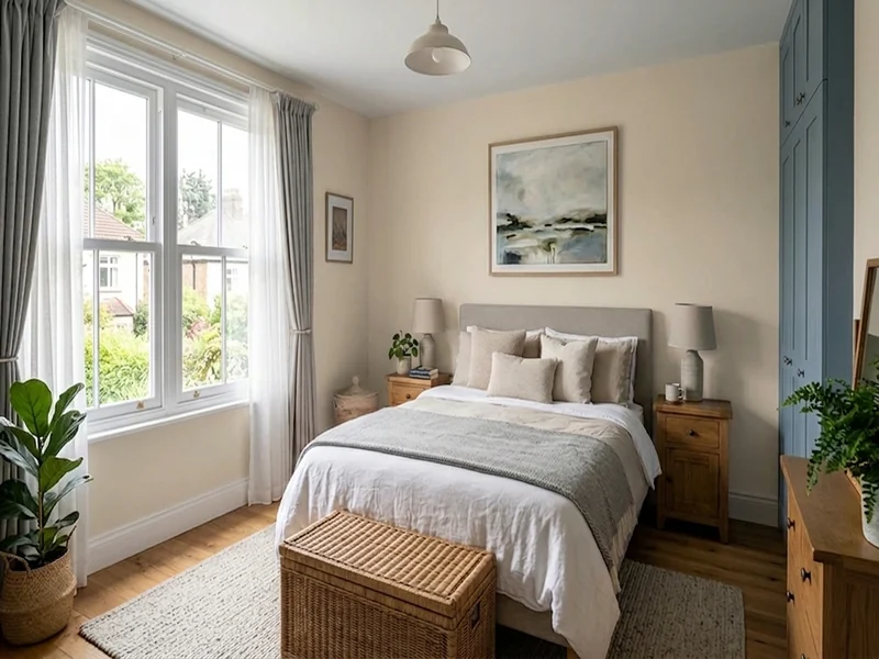 The same bedroom with walls painted in Dimity