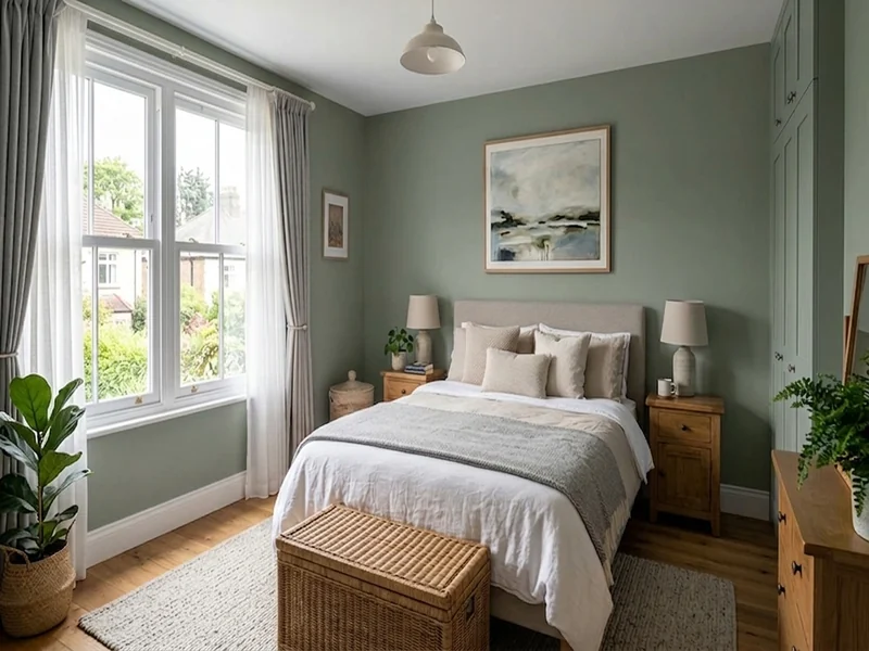The same bedroom with walls painted in Green Smoke