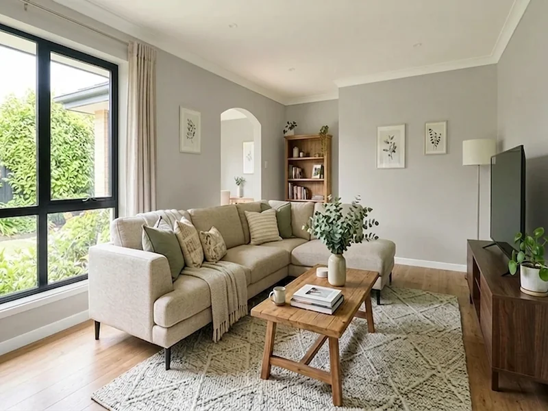 Living room walls painted in Sherwin-Williams Agreeable Gray SW 7029 warm greige