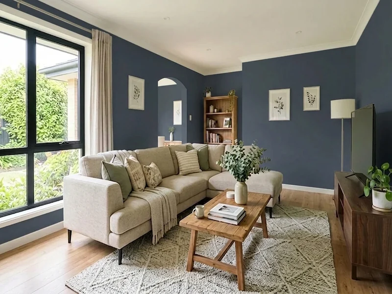 The same living room painted in Benjamin Moore Hale Navy HC-154 deep navy blue