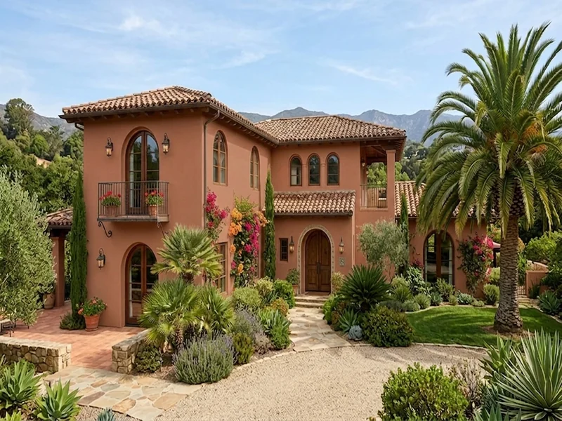 Mediterranean stucco house repainted in Sherwin-Williams Cavern Clay SW 7701 terracotta adobe