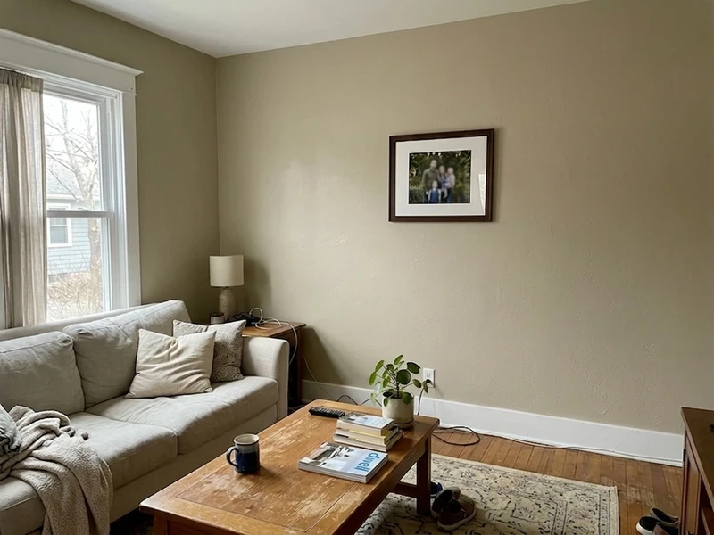 The same living room painted Benjamin Moore Revere Pewter HC-172, a deeper tan-green greige, in the same daylight
