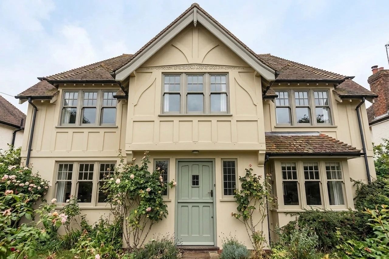After — facade in Cotswold Stone (F&B Bone No.15) with Lichen Sage on the sash windows, gable timber, stable door (Arts and Crafts)